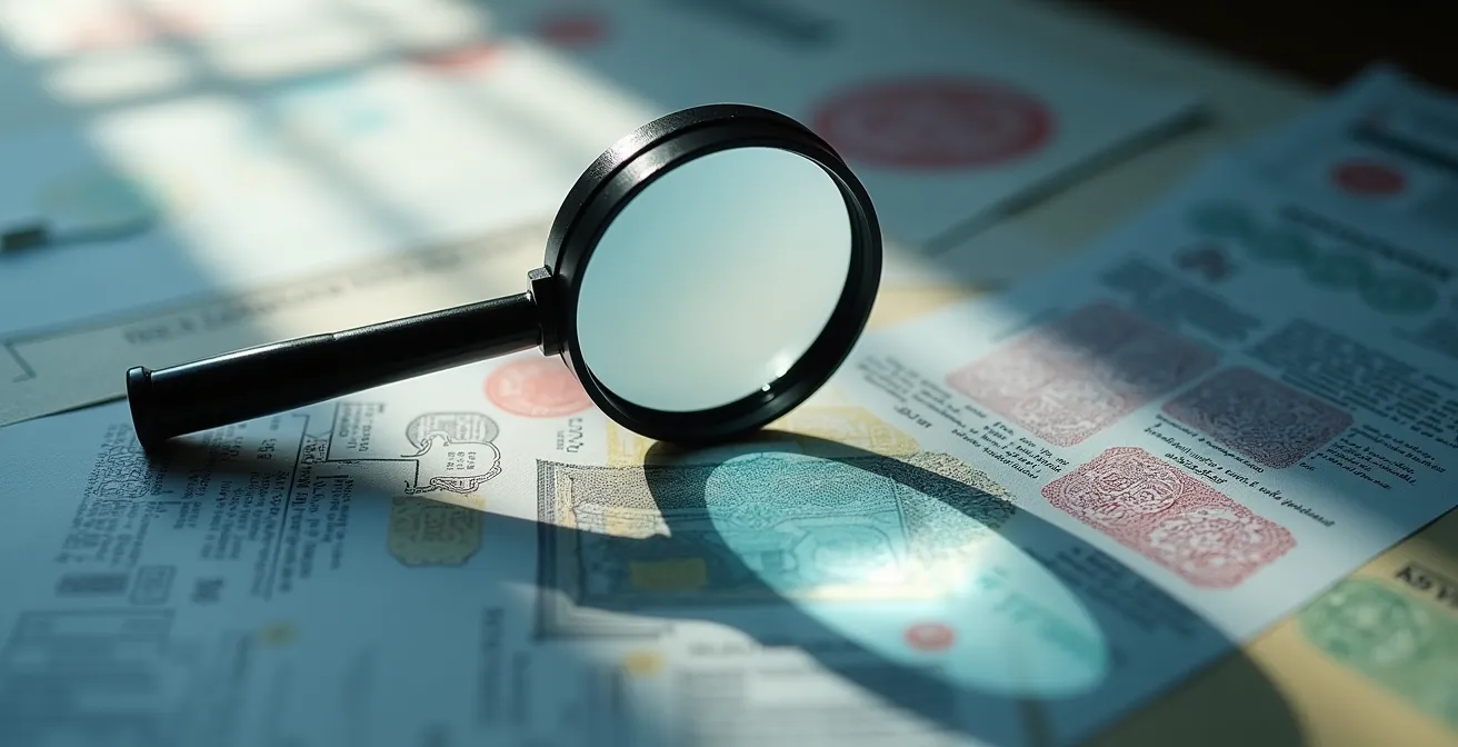 Main tenant une loupe examinant des documents éparpillés sur une table