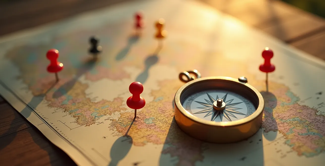 Boussole dorée posée sur une carte avec des épingles marquant différents itinéraires