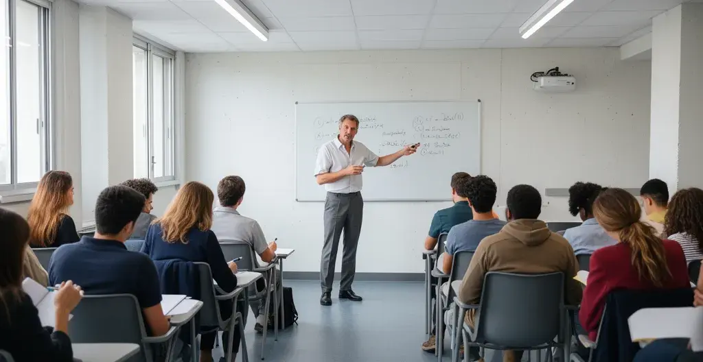 Cours en amphithéâtre universitaire avec professeur et étudiants attentifs