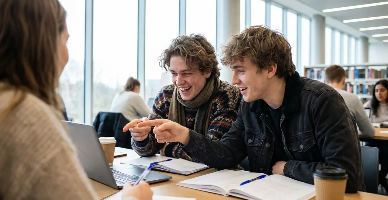 Étudiants LSPS discutant devant un ordinateur dans une bibliothèque universitaire