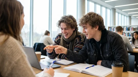 Étudiants LSPS discutant devant un ordinateur dans une bibliothèque universitaire