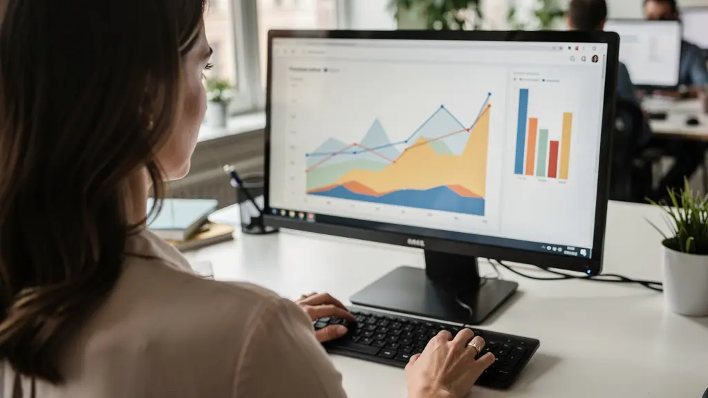 Professionnelle analysant des données SEO sur écran dans un bureau moderne