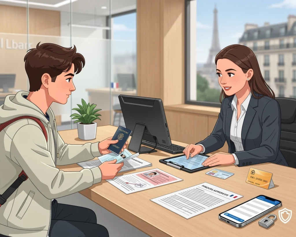 illustration d'un jeune étudiant étranger ouvrir un compte auprès d'une conseillère illustration d'un jeune étudiant étranger ouvrir un compte auprès d'une conseillère