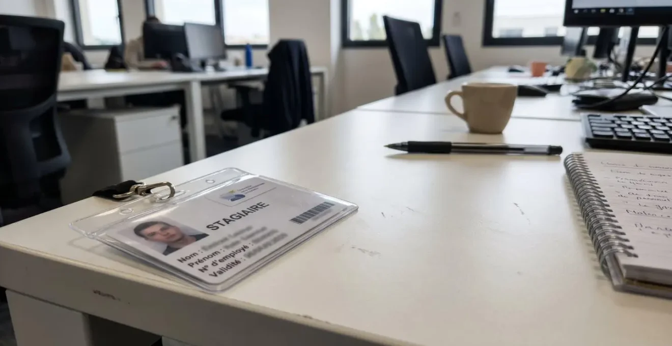 Carte professionnelle d'alternant posée sur une surface contemporaine épurée, photographiée en gros plan avec arrière-plan flouté