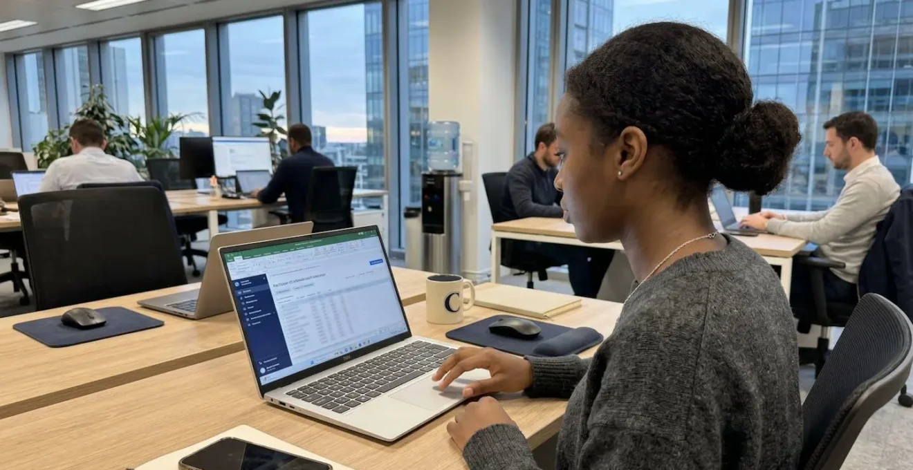 Jeune professionnel en alternance vu de profil concentré sur son ordinateur dans un bureau lumineux et contemporain