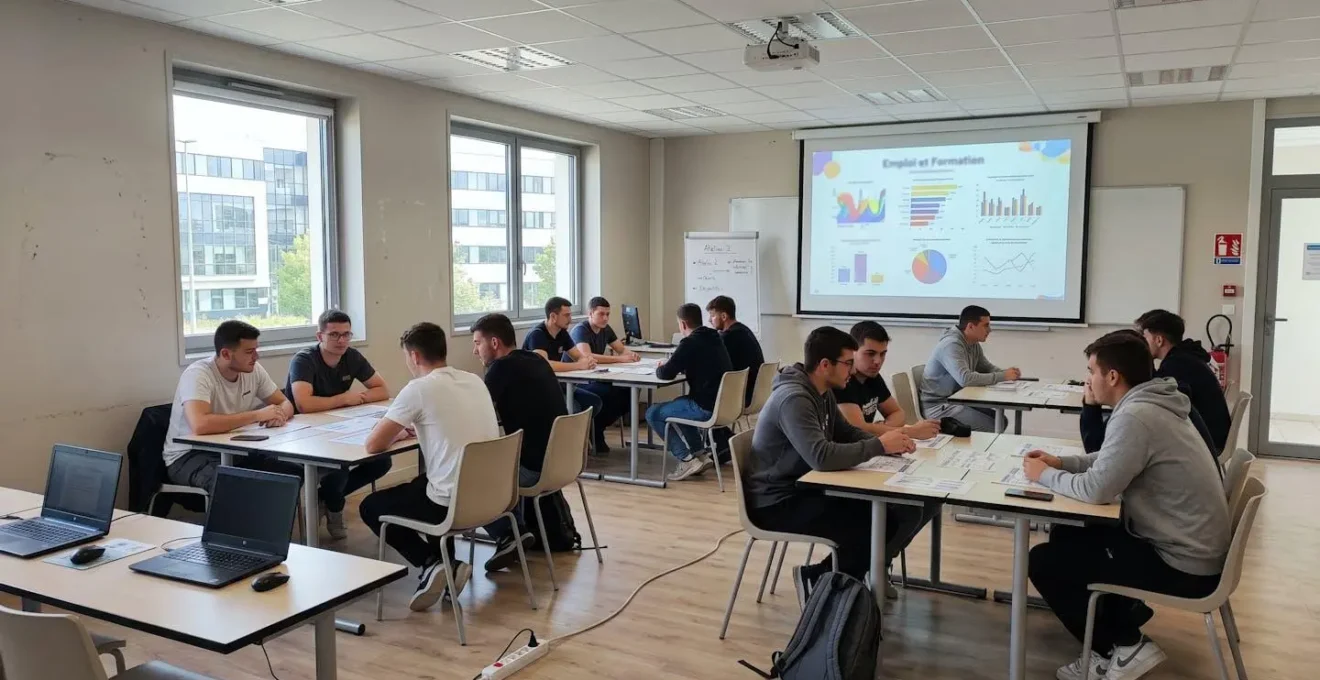 Salle de formation contemporaine d'un centre de formation des apprentis avec tables en îlots, grande baie vitrée diffusant une lumière naturelle abondante et écran de projection vide