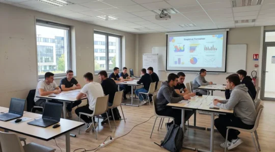 Salle de formation contemporaine d'un centre de formation des apprentis avec tables en îlots, grande baie vitrée diffusant une lumière naturelle abondante et écran de projection vide