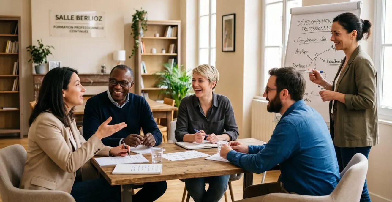 Groupe d'adultes en formation professionnelle continue en salle, échangeant avec un formateur devant un tableau blanc
