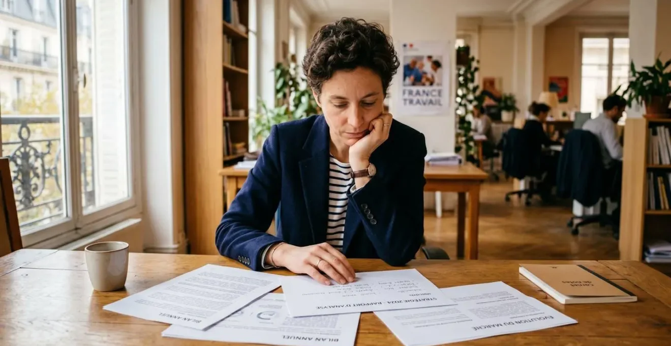 Salarié adulte concentré devant un bureau, comparant des documents de formation professionnelle continue