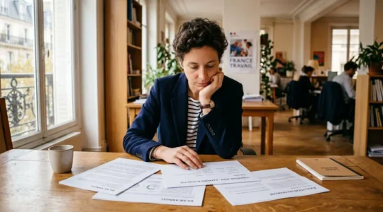 Salarié adulte concentré devant un bureau, comparant des documents de formation professionnelle continue