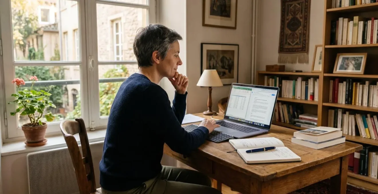 Salarié adulte suivi une formation professionnelle à distance depuis son domicile, regardant son écran d'ordinateur avec concentration